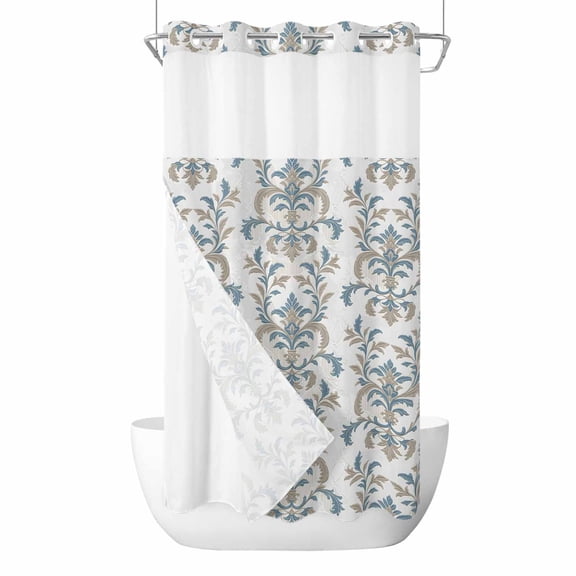 No Hook Shower Curtain, Blue Tan Flower Small Shower Curtains with Snap in Liner, Abstract Vintage Ethnic Tribal Boho Waterproof Washable Fabric Bathroom Curtain Sets, 36"W x 78"L