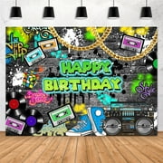 Graffiti 80's 90's Happy Birthday Backdrop 7x5ft Urban Retro Hip Hop Recorder Disco Rock Photograpy Background Gold Chain Glasses Cartridge Tape Party Decoration Banner Photo Booth Props