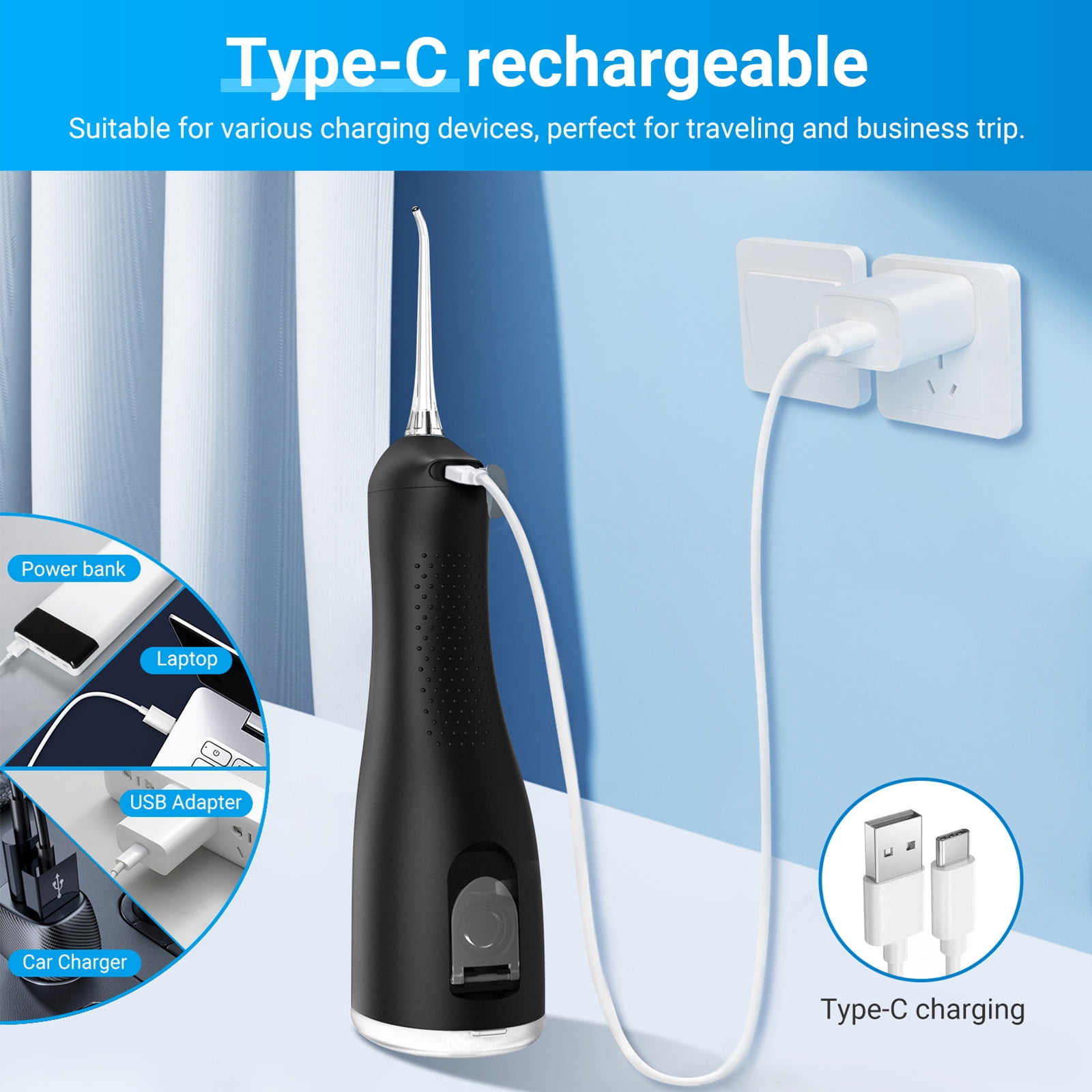 Betterchoi Water Flosser for Teeth, Portable Cordless Water Dental Flosser Teeth Pick – 4 Cleaning Modes, 1800 Pulses, 300ML Tank, IPX7 Waterproof, Black