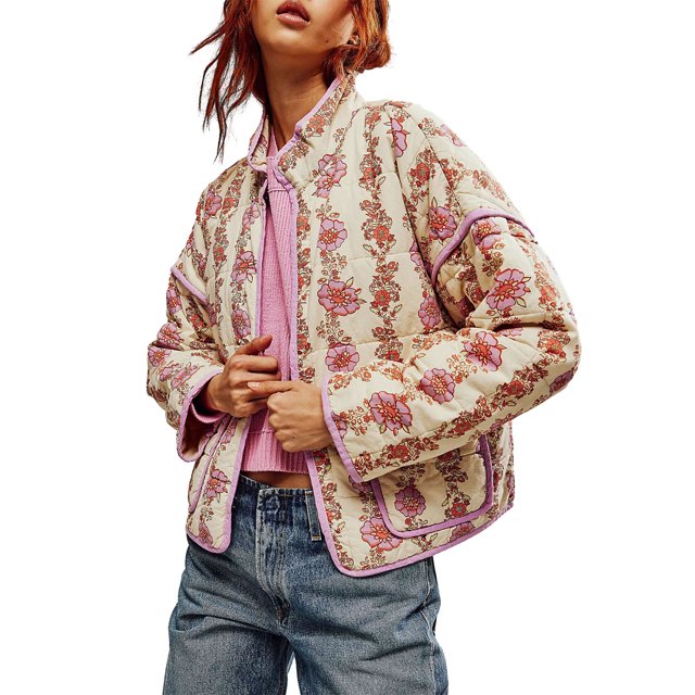 Gupgi Manteaux Matelassés Courts pour Femmes à Imprimé Floral, Ouvert à l'Avant, Doudoune Légère, Manteau Matelassé Rembourré