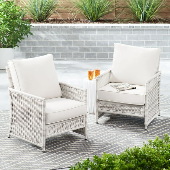 Better Homes & Gardens Paige Outdoor Wicker Stationary Lounge Chairs, Set of 2, White