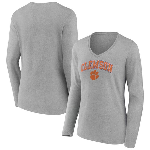 Women's Fanatics Heather Gray Clemson Tigers Campus V-Neck Long Sleeve T-Shirt