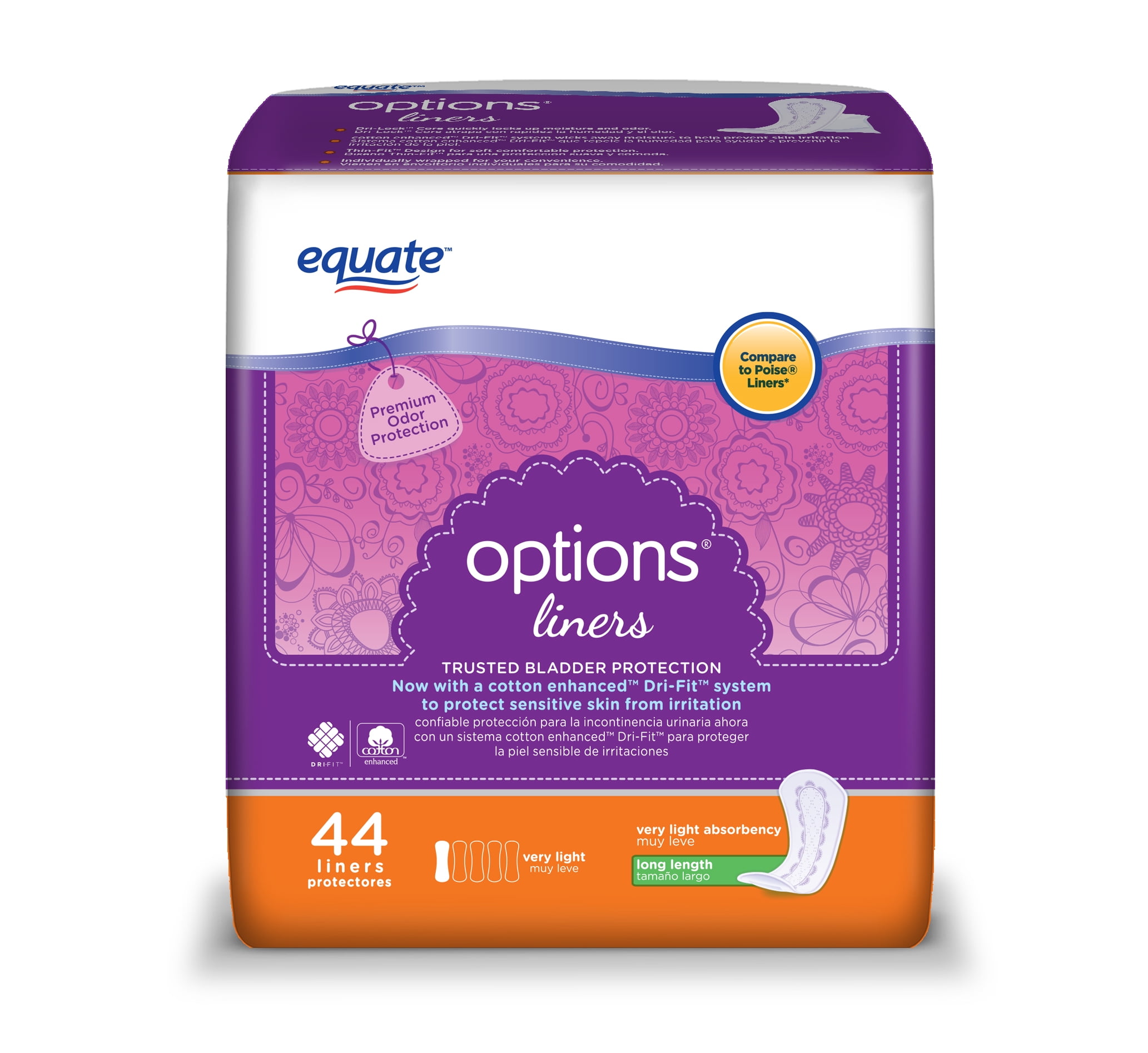 Equate Options Incontinence Liners for Women, Very Light, Long, 44 Count