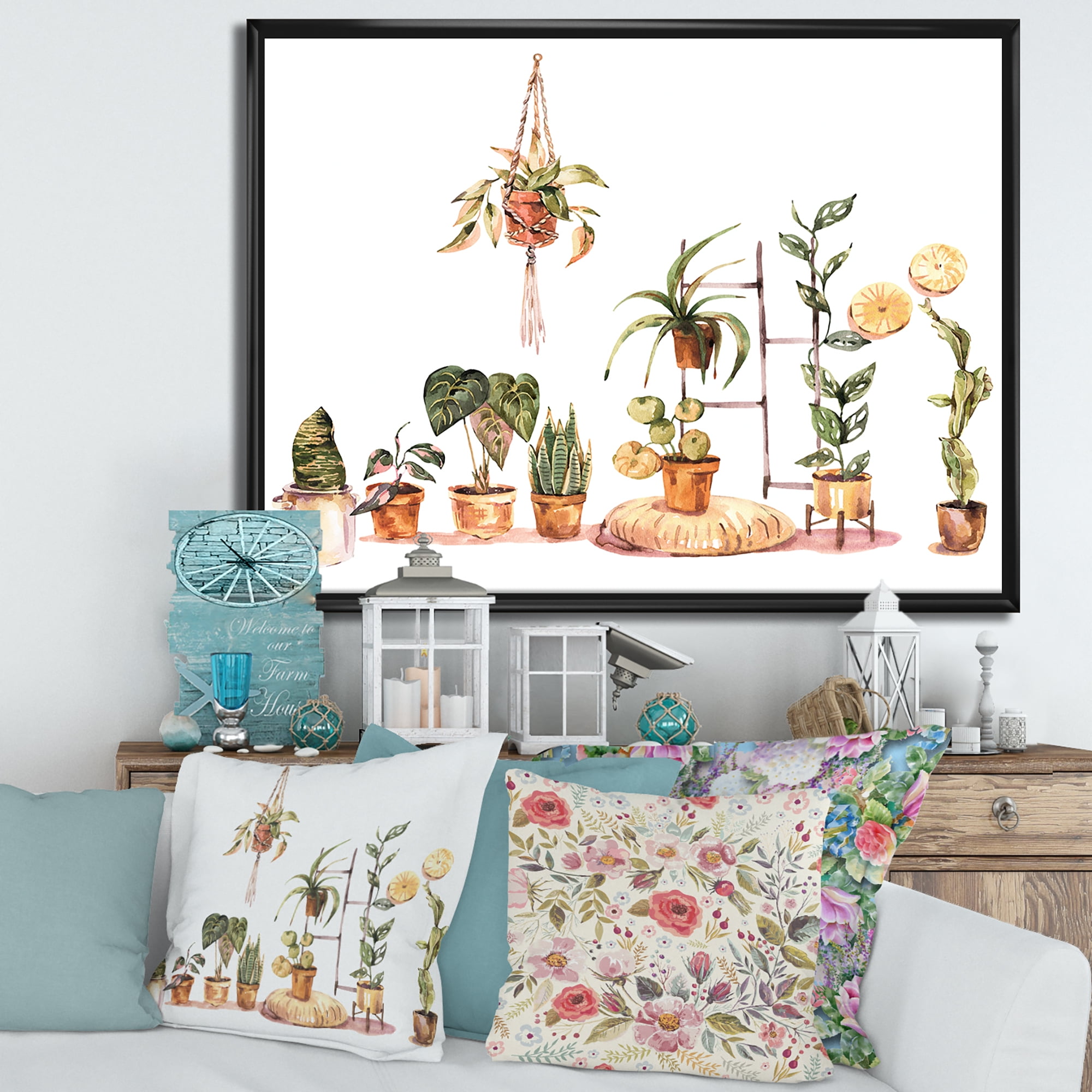 Designart 'Indoor House Plants Urban Jungle in Flowerpots II' Traditional Framed Canvas Wall Art Print