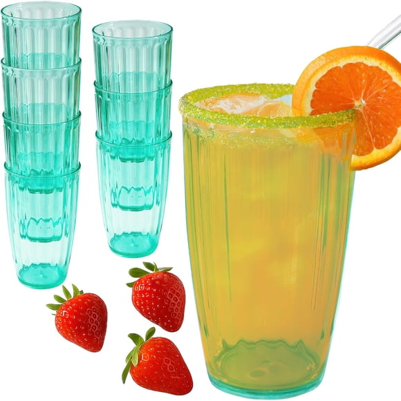 Kate Aspen Verres à Boire en Plastique Cannelé Sarcelle, Ensemble de 8, 21 oz, Verres en Acrylique Vaisselle de Boisson, Tasses en Plastique Réutilisables pour Eau Glacée, Cocktails, Limonade, Verres en Acrylique Sans BPA Vaisselle de Boisson