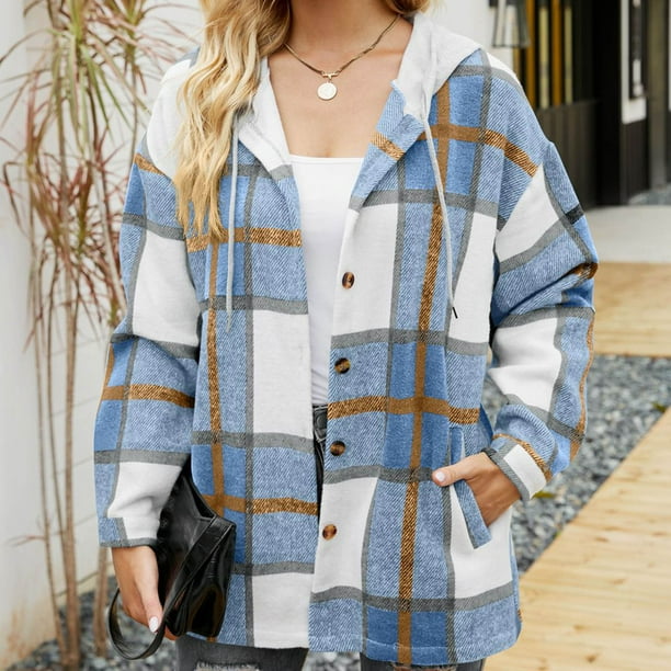 Puntoco Camiseta de manga para mujer Ropa de abrigo holgada con frente abierto Abrigo con capucha a cuadros tops Chaqueta Puntoco Puntoco-1575