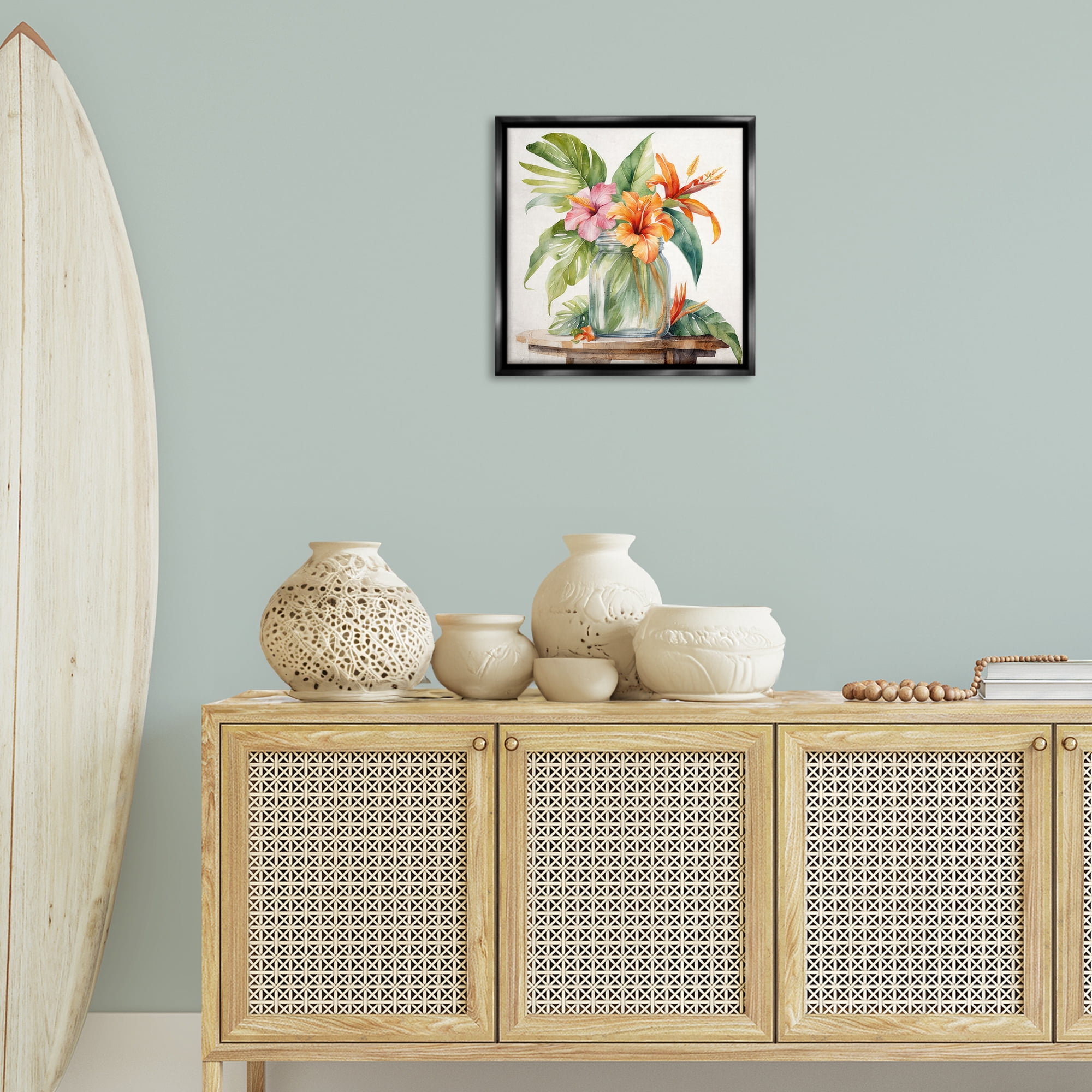Stupell Industries Tropical Floral Jar Plants & Flowers Painting Black Floater Framed Canvas Art Print Wall Art, 18 x 18