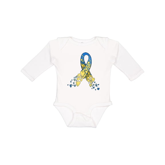 Inktastic Down Syndrome Awareness Blue and Yellow Hearts Ribbon Boys or Girls Long Sleeve Baby Bodysuit