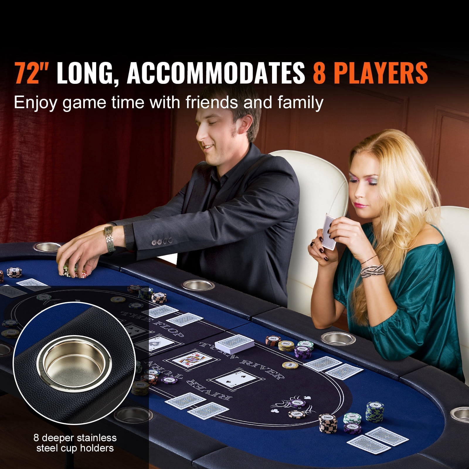 KFFKFF Portable 8-Seat Poker Table, Oval Folding Card Game Table for Texas Holdem & Blackjack, Equipped with Cushioned Edges & Metal Drink Holders, 72" Leisure Gaming Table, Blue