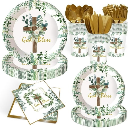 168Pcs God Bless Plates and Napkins Baptism Tableware Set First Holy Communion Party Decorations Mi Bautizo Eucalyptus Leaves Sage Paper Plates Christening Celebration Baby Shower Supplies,Serve 24