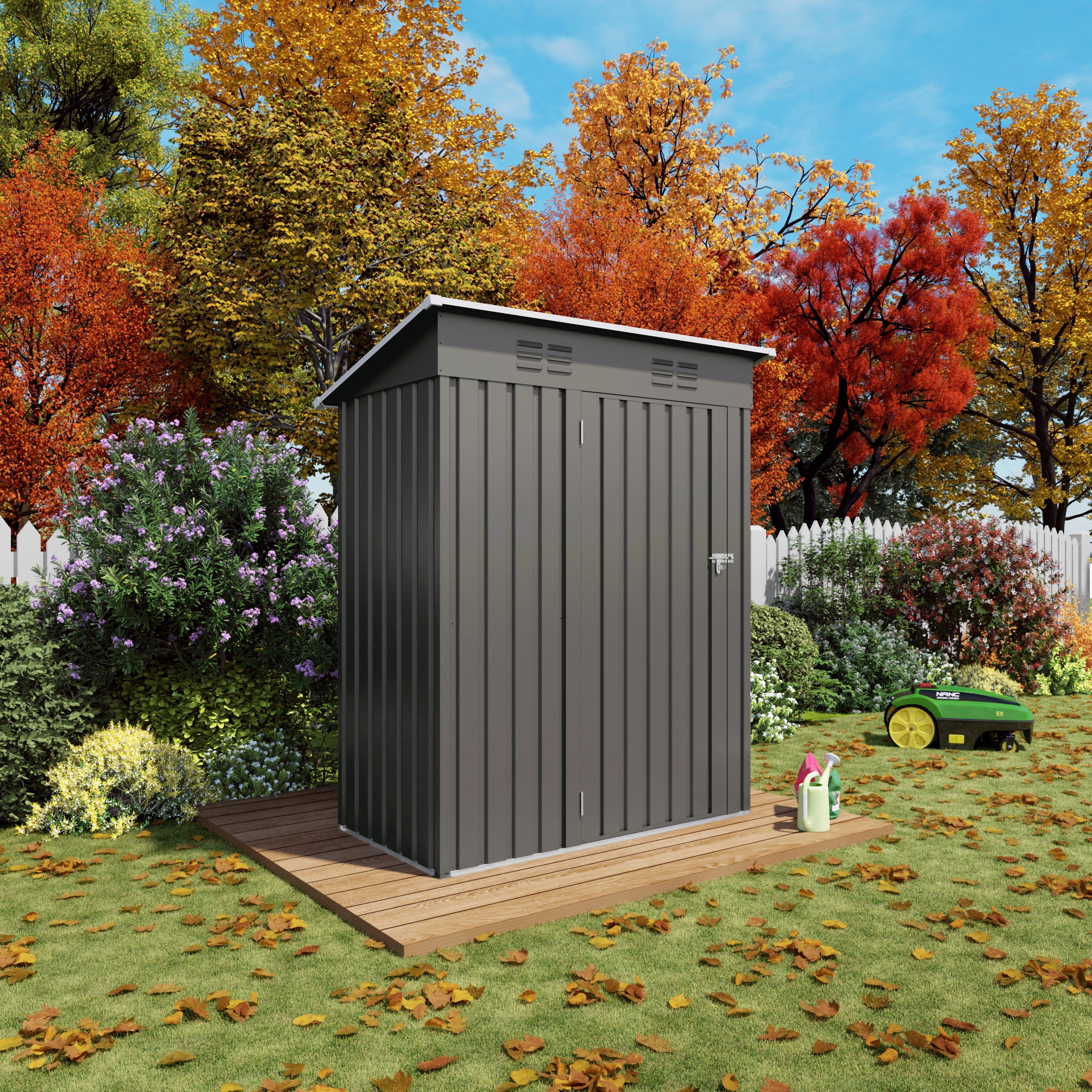 5x3 FT Shed Outdoor Storage Shed, Metal Garden Shed with Lockable Doors & Slooping Roof, Tool Shed Bike Shed for Backyard, Patio, Poolside - Gray, Pitched Roof