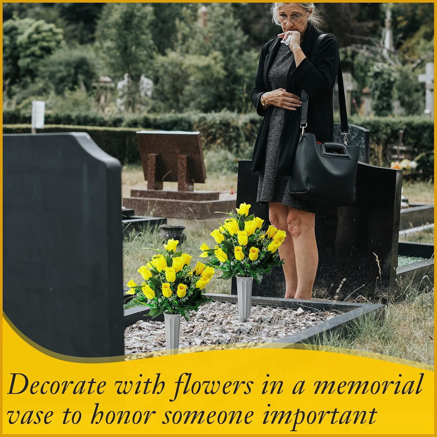 1 Sets Artificial Cemetery Flowers for Grave with Vase 96 Heads Rose Bouquet Decoration Arrangement Silk Memorial Flowers for Headstones Gravesite Memorial Day(Yellow)