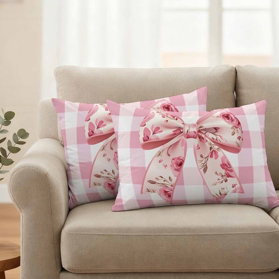 Pack of 2 Outdoor Pillow Covers 20x12 Inch Waterproof Pink Floral Print Throw Pillow Covers,Decorative Couch Pillow Shams Protectors Checkered Bow Rose Flower Gingham Patio Pillowcases Cushion Covers
