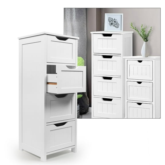 FIEWESEY Bathroom Floor Cabinet White Freestanding Storage Organizer Cabinet with 4 Drawers for Bathroom,Living Room, Kitchen,Basement,Bedroom,Dining Room Size:11.81"x11.81"x32.3"(LxWxH)