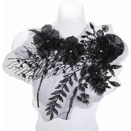 Flower Pattern Polyester Rhinestone Computerized Embroidered Appliques Sew on Patches Costume Collar Accessories Black 425x330x8mm diy