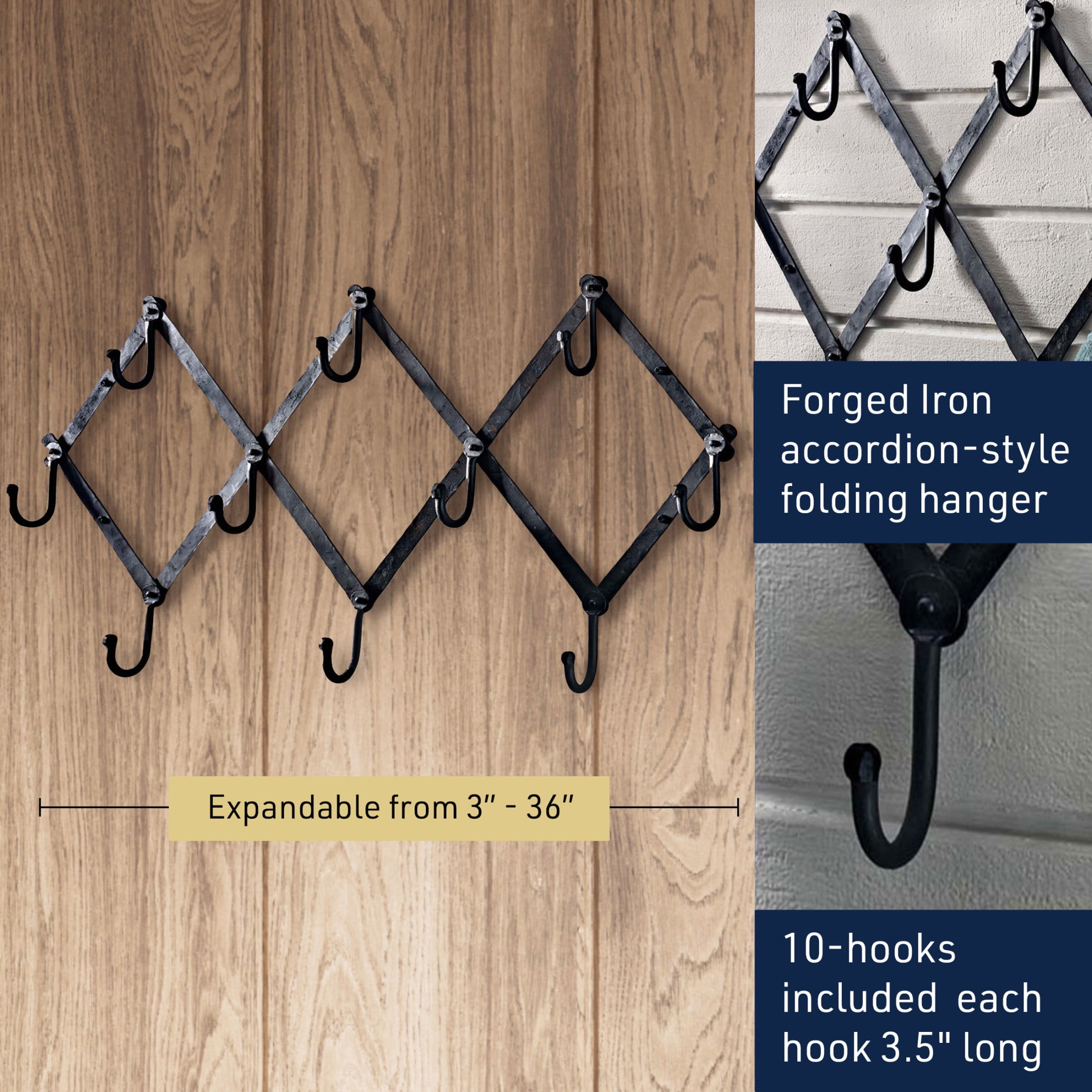 Kings County Tools Forged Iron Accordion Wall Hanger with 10 Hooks (Black)