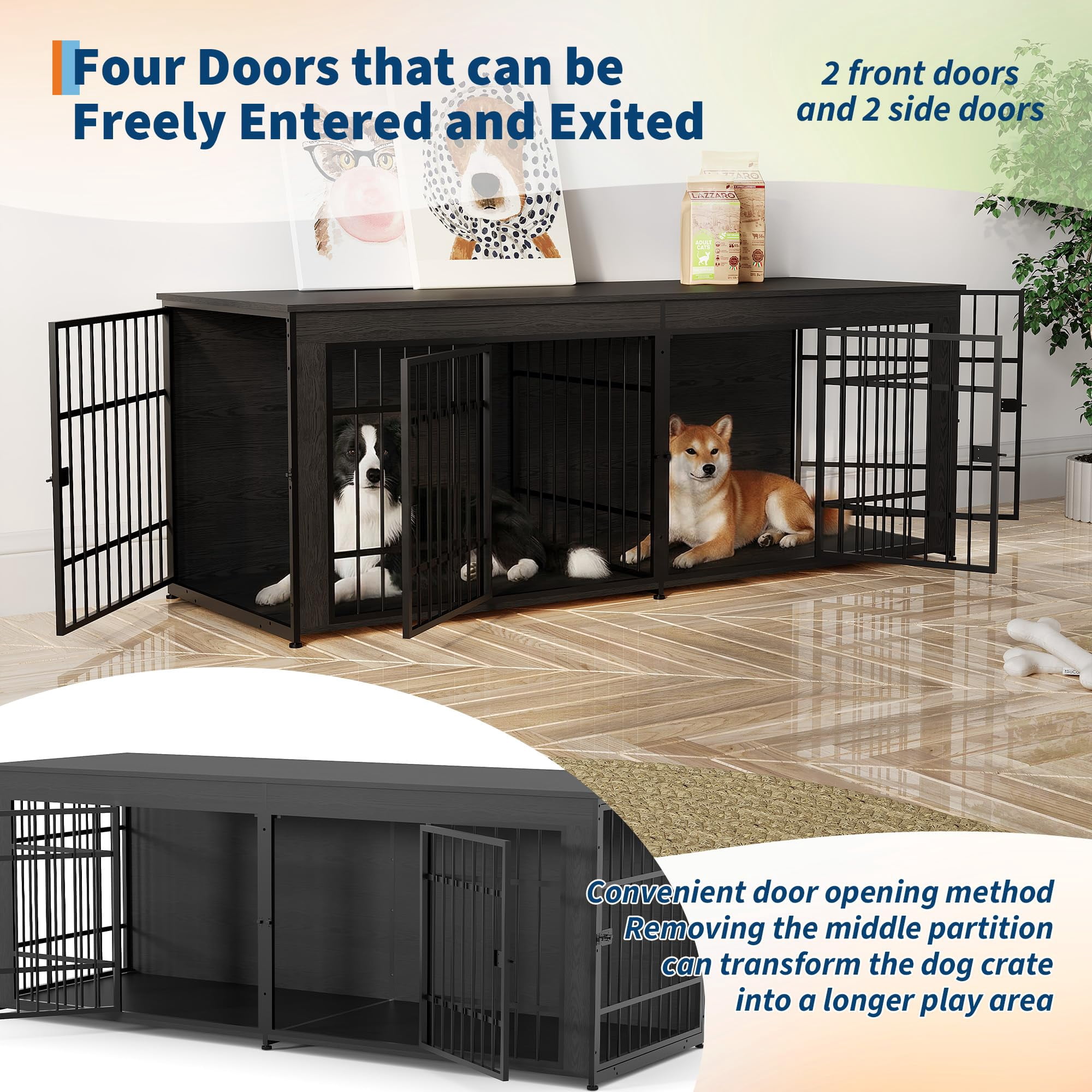 Heavy Duty Extra Large Wooden Dog House Furniture – 4 Doors, Divider & Storage – End Table TV Stand, Indoor Kennel for Large/Medium Breeds – Gray, 2m