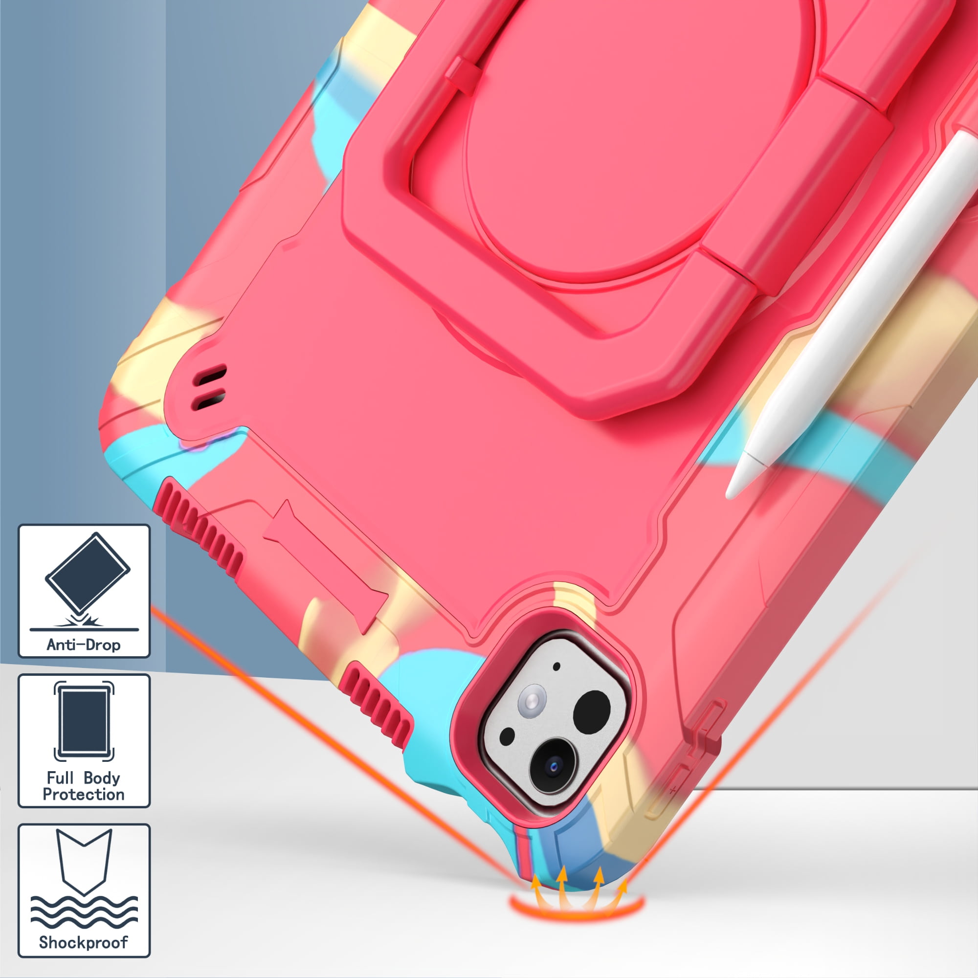Allytechgroup Shockproof Case for Apple iPad Pro 11 Inch 2024 M4, with Shoulder Strap Pencil Holder Rotating Stand Handle Kids Friendly Heavy Duty Protection Cover for iPad Pro 11" 2024,Colorfol Rose