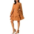 thumbnail image 4 of INSPIRE CHIC Women's Fall Dresses Round Neck Long Sleeve Waist Tie Ruffle Mini Swing Skater Dress M Brown, 4 of 6