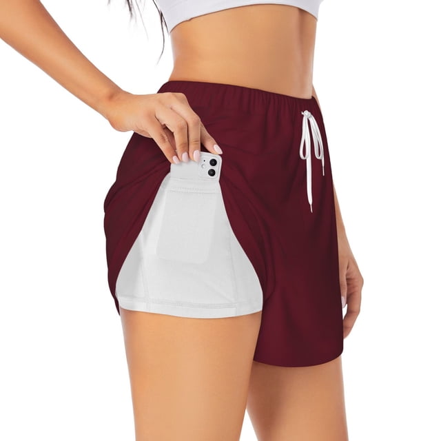 Balery Maroon Pantalones cortos deportivos para mujer con forro y dos bolsillos, elásticos, para entrenamiento, gimnasio, yoga-Medium