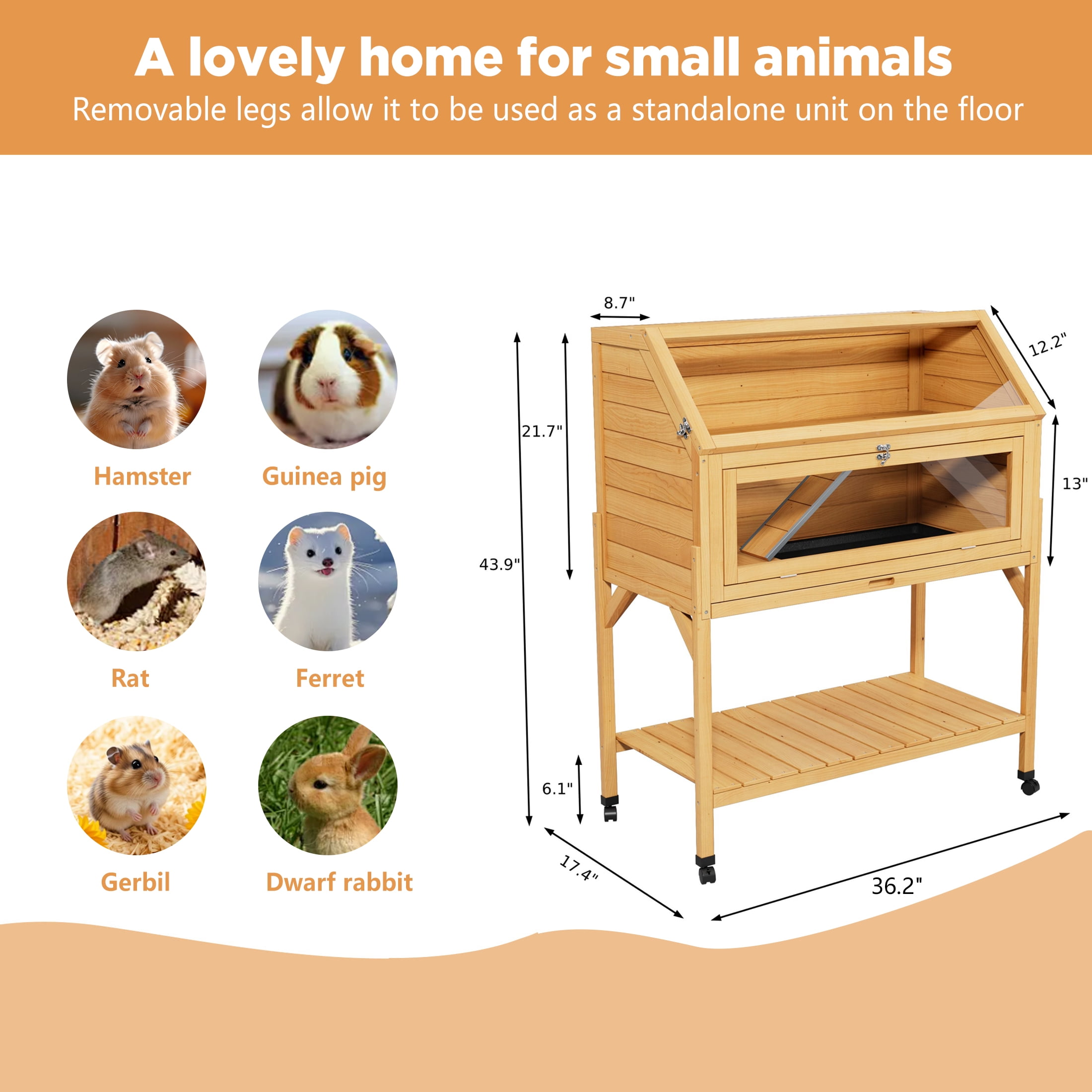 Chew Proof Wooden Hamster Cage with Storage Shelf, Movable 2 Tier Hamster Enclosure with 3 Acrylic Window, Natural