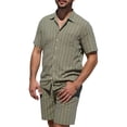 thumbnail image 2 of Ceisia Men's Linen Blend Striped 2 Piece Outfit Short Sleeve Button Down Shirt And Casual Shorts Set Army Green XL Gift, 2 of 9