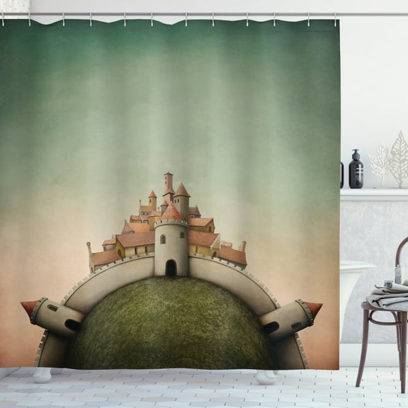 Fairy Tale Shower Curtain, Enchanted City Illustration on a Spherical World Medieval Architecture Pattern, Fabric Bathroom Set with Hooks, 69W X 84L Inches Extra Long, Multicolor, by Ambesonne