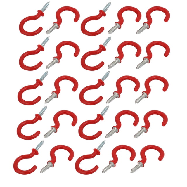 Unique Bargains 1 Inch Plastic Coated Screw-in Open Cup Ceiling Hooks Hangers Red 25pcs