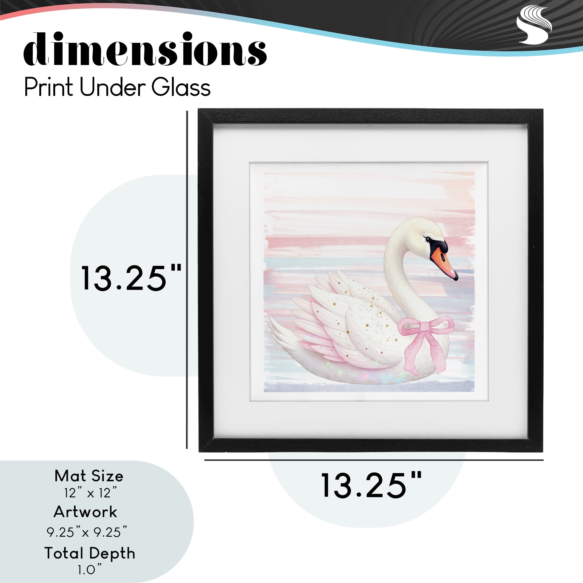 Pink Swan with Ribbon Black Framed Print Under Glass, design by Kim Allen