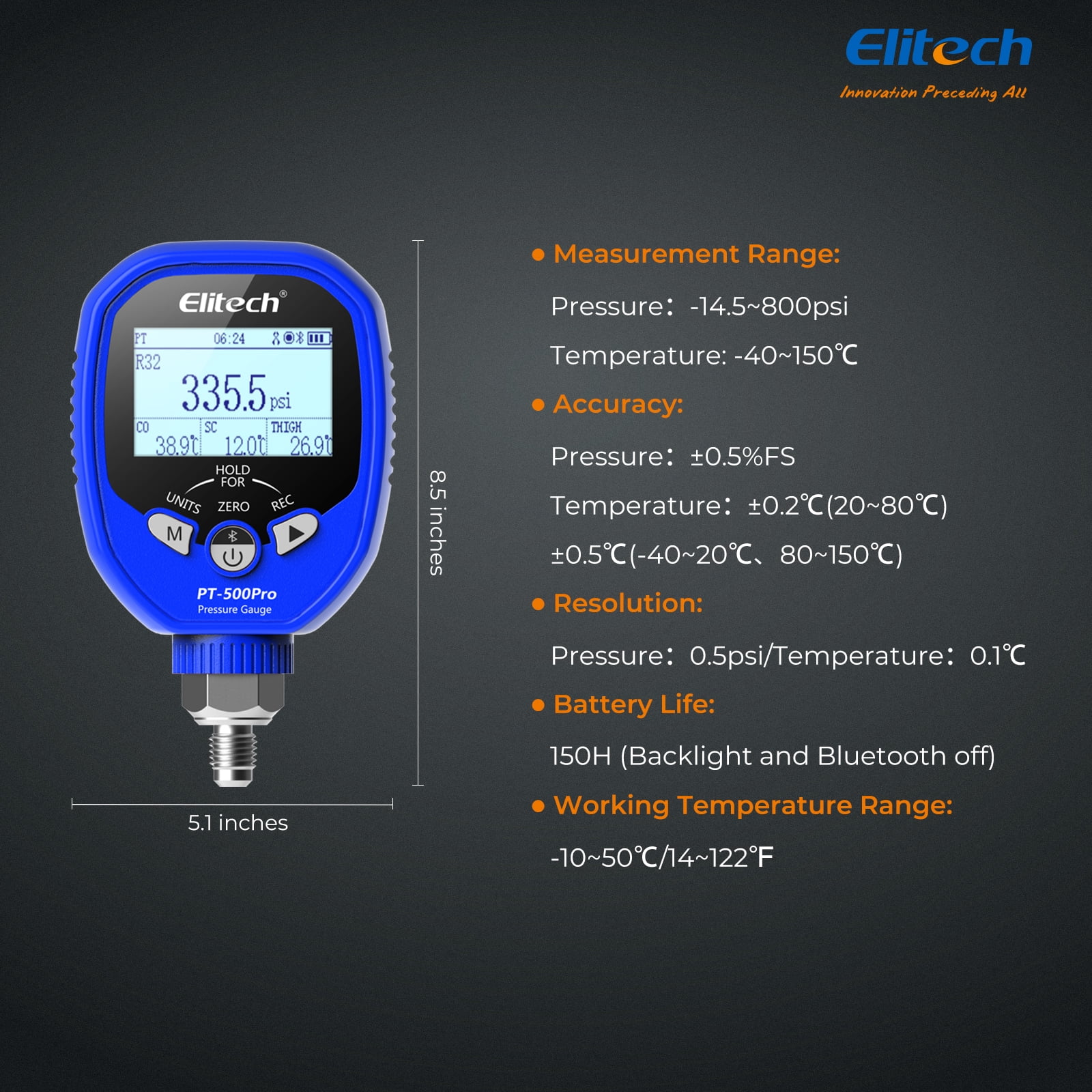 Elitech PT-500Pro Digital Pressure Gauge – HVAC Refrigeration Manifold Gauge with Bluetooth, Temperature Measurement, and Data Logging