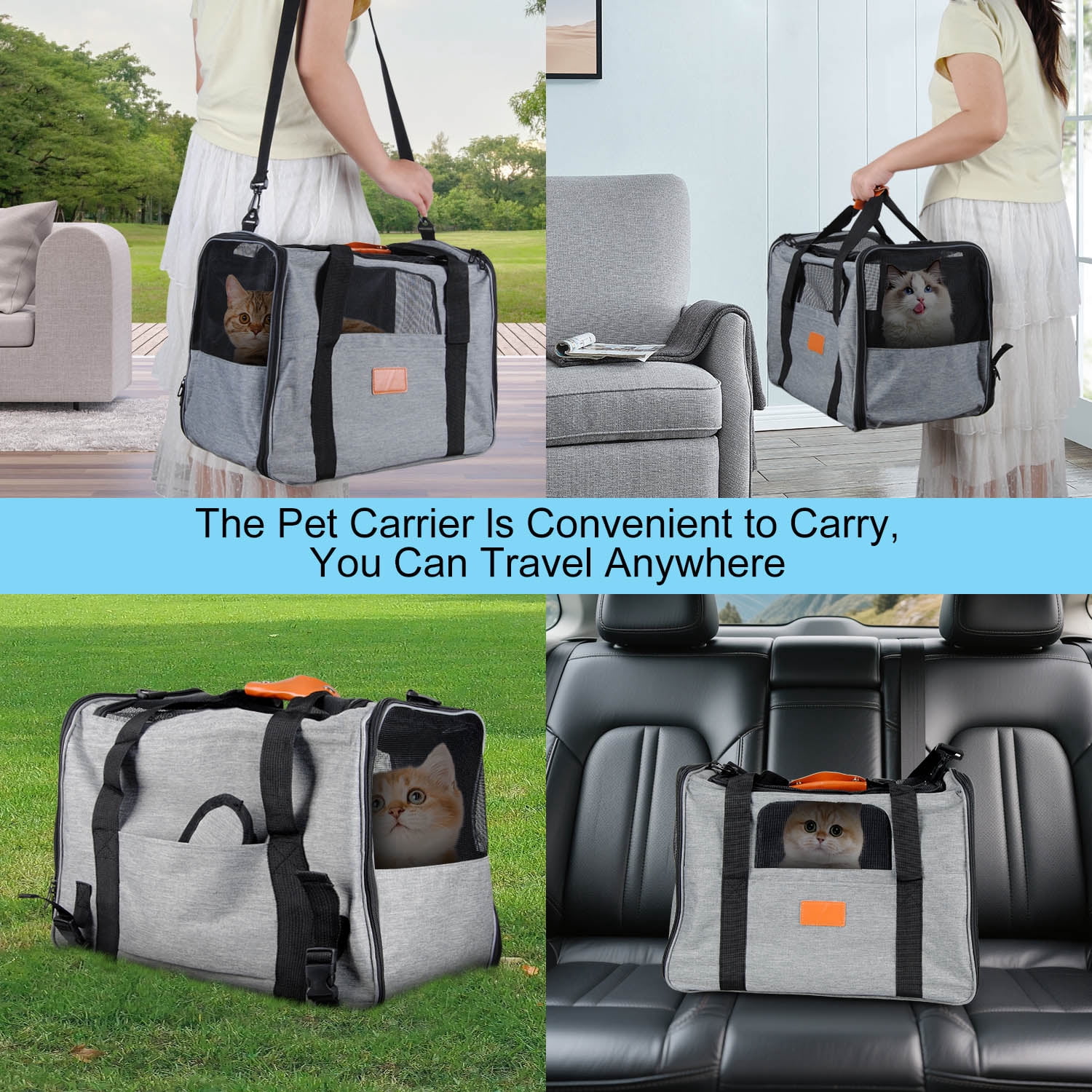 Cat Carrier Bag, AndHot Cat Carrying Case Pet Dog Carrier Soft-Sided Cat Bag Airline Approved for Medium Small Cats and Puppy up to 18lbs, Pet Carrier with Safety Zippers,Grey