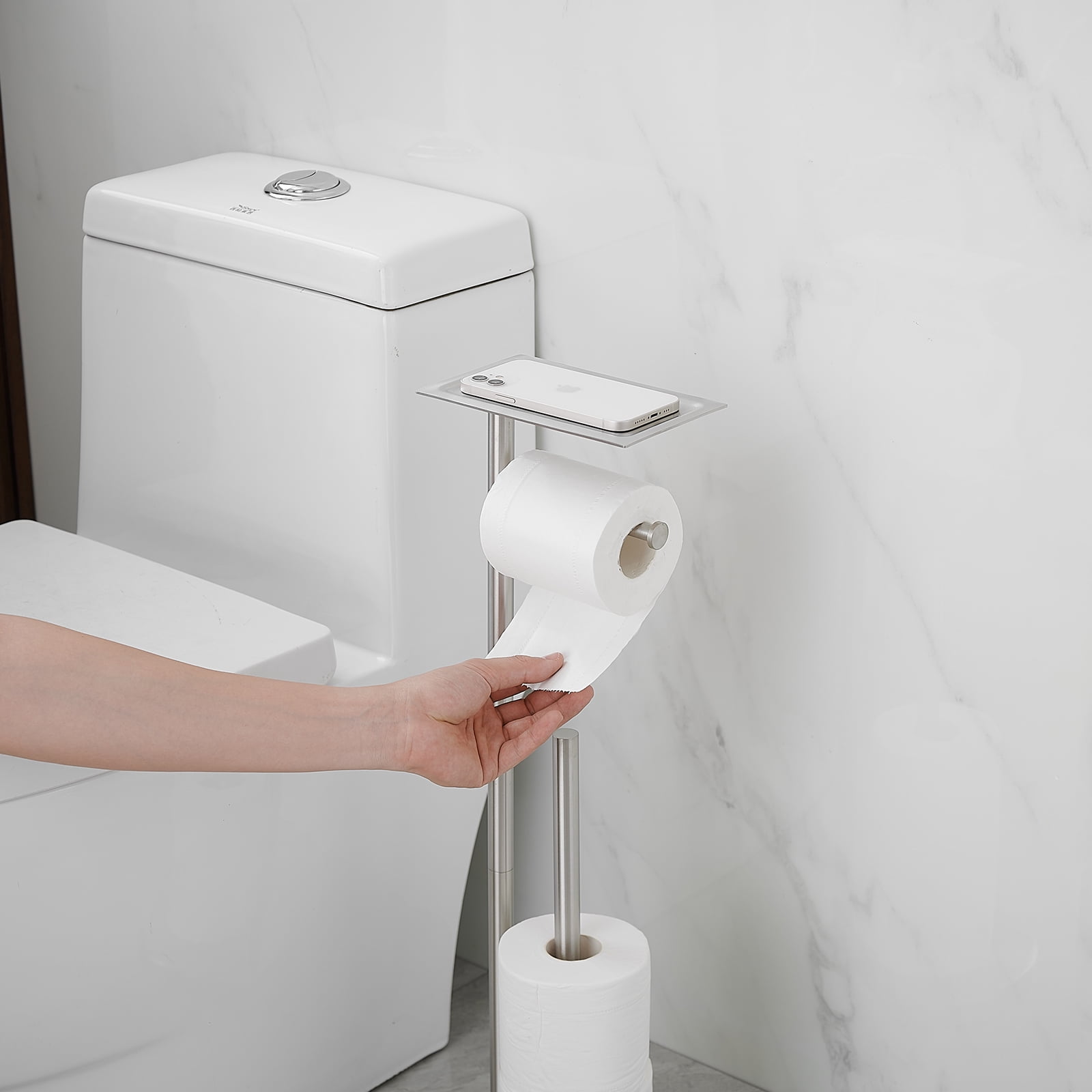 Round Free Standing Toilet Paper Holder with Top Storage Shelf in Brushed Nickel