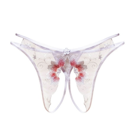 BYHONG Women Low Waist Sexy Flower Embroidery Hollow Out Transparent Mesh Thong Open Crotch Underwear Womens Underwear White One Size