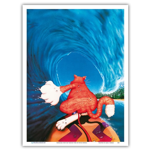 Hawaiian Surf Cat Riding Tube - From an Original Color Painting by Peter Powell - Master Art Print (Unframed) 9in x 12in