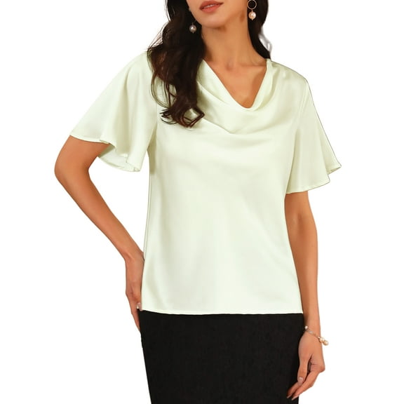 DARING DIVA Women's Satin Draped Neck Short Sleeve Dressy Blouse L White