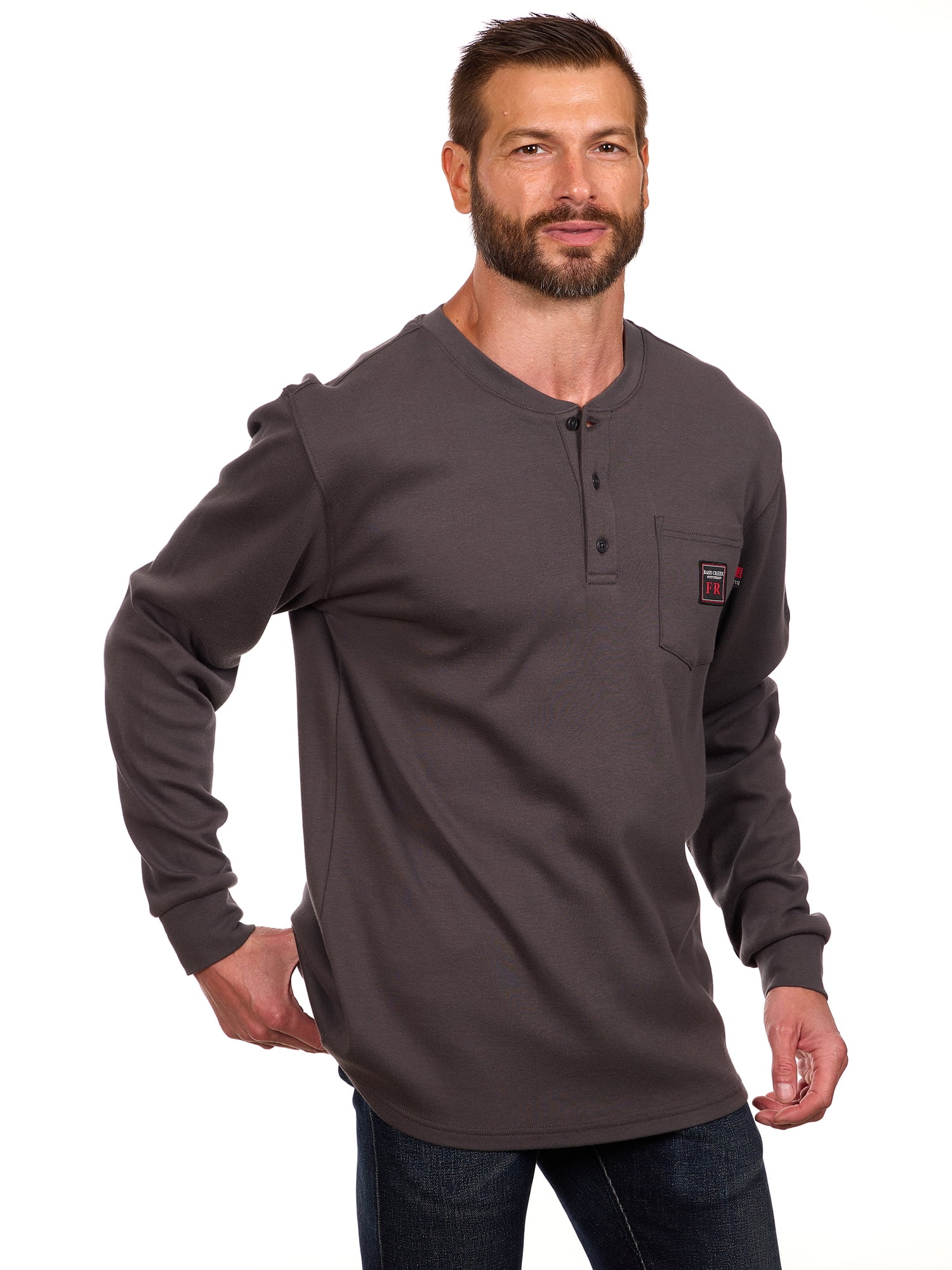 Bass Creek Outfitters Men's Flame Resistant Long Sleeve Henley Knit Top, Sizes M-2XL