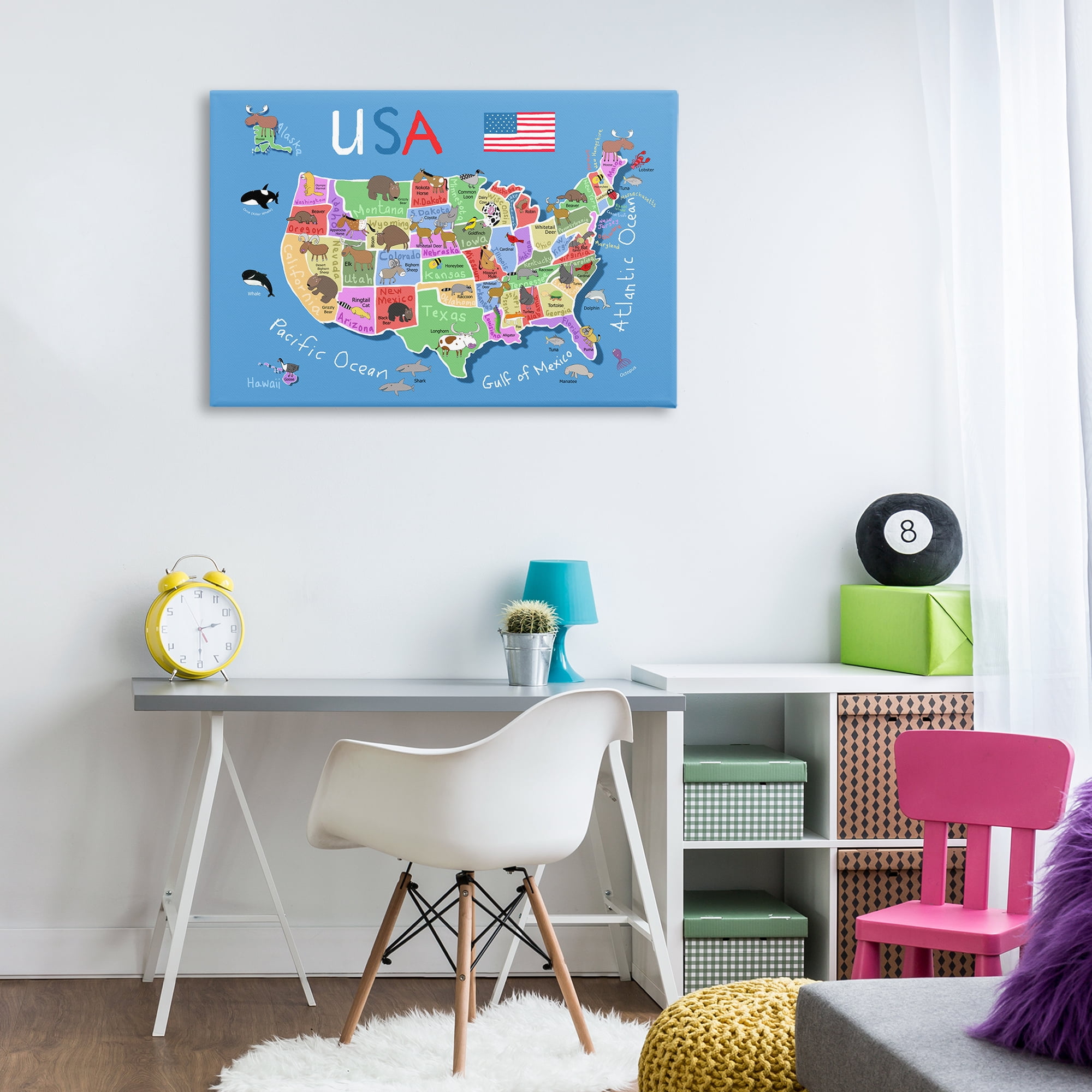 Stupell Industries United States Animal Map Town & City Painting Gallery Wrapped Canvas Art Print Wall Art, 36 x 24