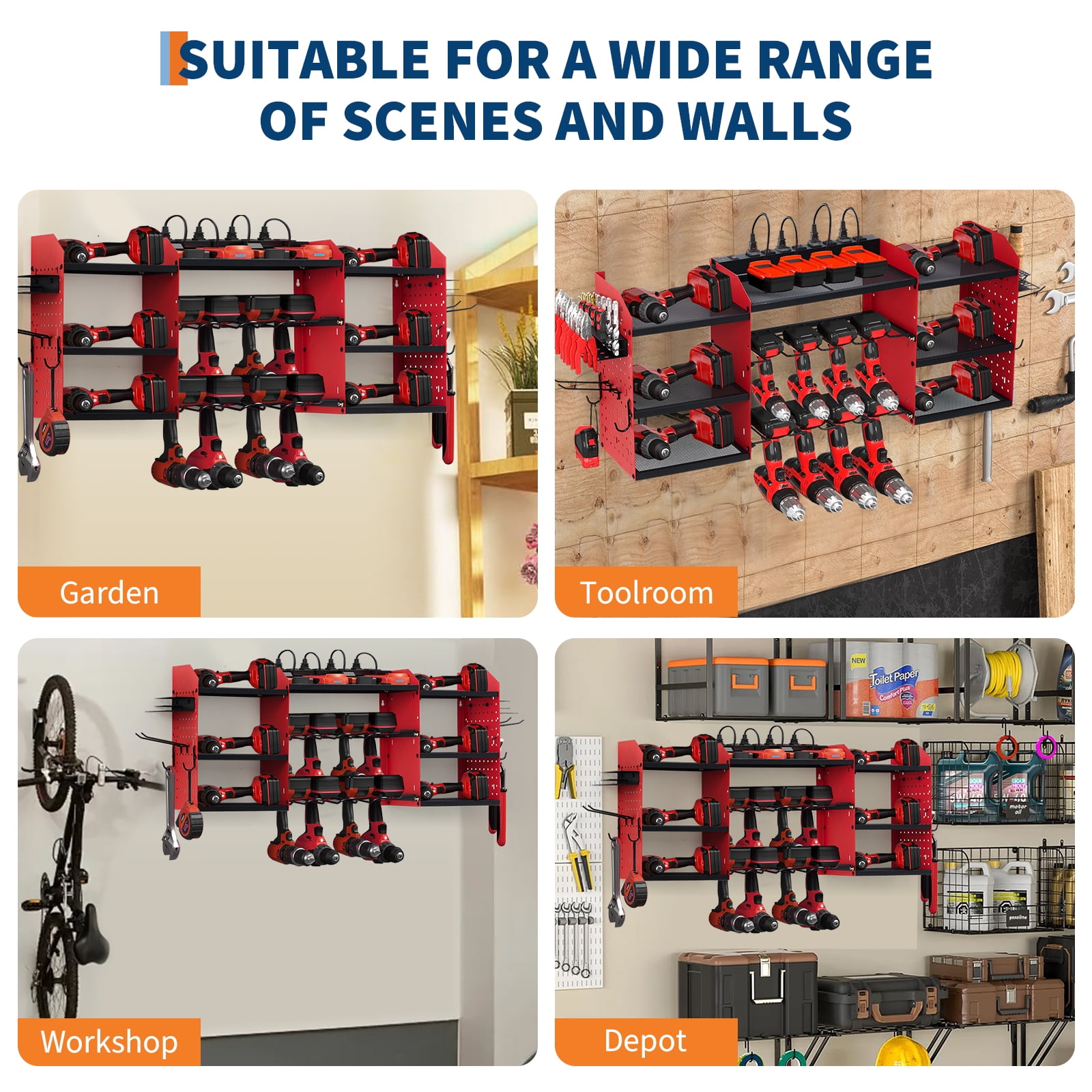 Ataucjin Heavy Duty Wall Mount Tool Organizer Rack, 3-Tier Metal Garage Storage with 8 Drill Slots & Hooks, 240 Lbs Capacity Power Tool Organizer for Workshop, Garage, Gift for Men
