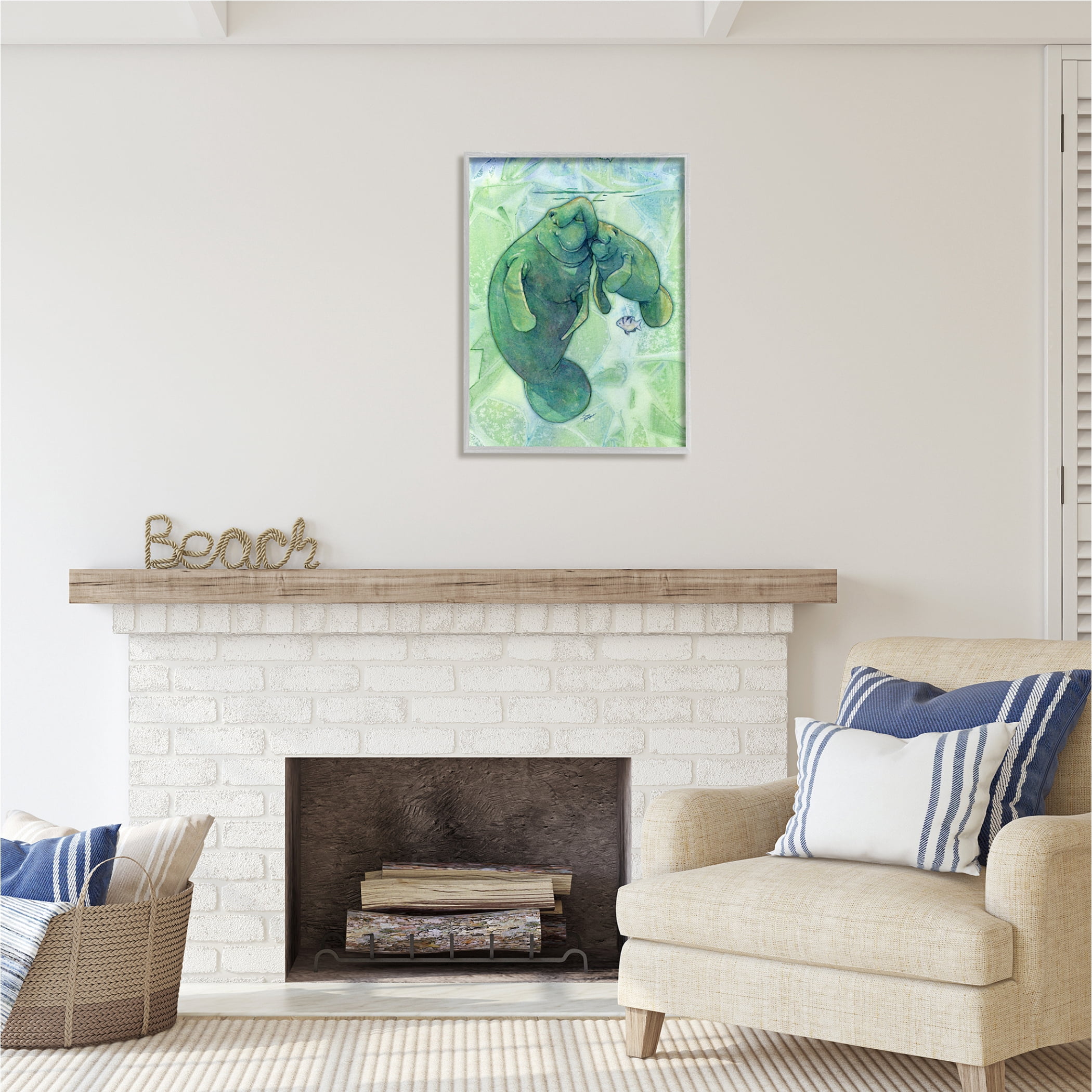 Stupell Industries Green Manatees & Fish Animals & Insects Painting Gray Framed Art Print Wall Art, 24 x 30