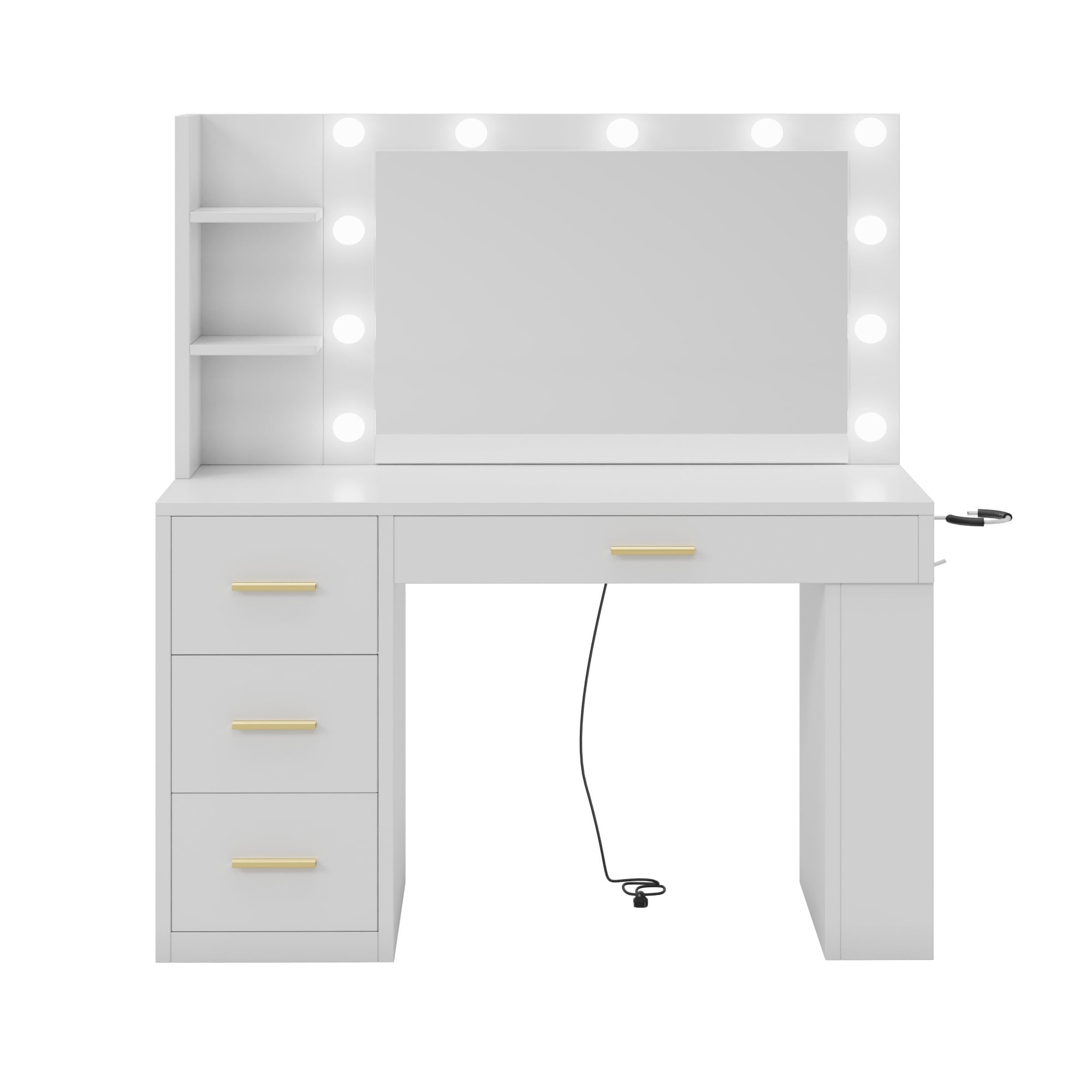 Uforic 40-Inch Makeup Vanity Desk with LED Mirror, Drawers, Shelves, and Power Outlets - White
