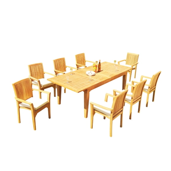 Grade-A Teak Dining Set: 8 Seater 9 Pc: 122" Caranas Rectangle Table And 8 Lua Stacking Arm Chairs Outdoor Patio WholesaleTeak #51LU2909