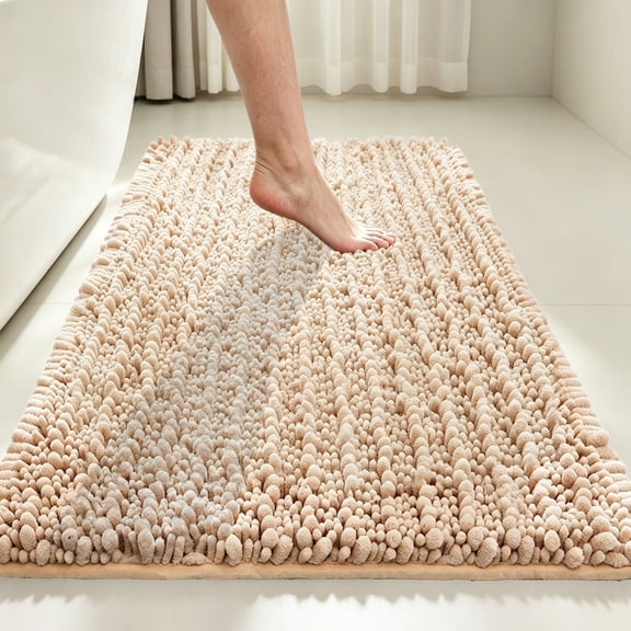 MudFree Bath Mat for Tub Non Slip 31x20 Inch, Super Absorbent Chenille Bathroom Rugs Door Mat, Quick Dry Washable Floor Carpet for Tub Shower, Beige
