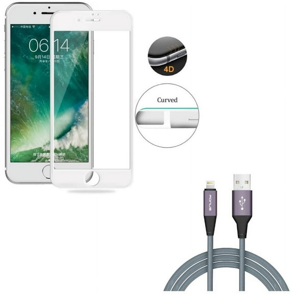 iPhone 7/8 PLUS 10ft USB Cable w Screen Protector - Charger Cord Power Wire Braided, Tempered Glass 4D Touch Curved Edge Full Cover for iPhone 8 PLUS/7 Plus