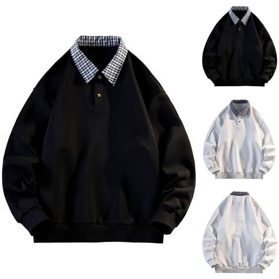 Miluxas Mens Fake Two Pieces Polo Sweatshirt Vintage Plaid Collar Button Pullover Top White