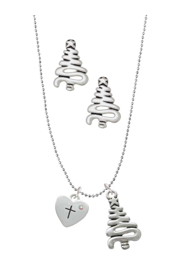 Silvertone Small Heart with Cross & Fish with Crystal Silver tone Zig Zag Christmas Tree Charm Necklace and Stud Earrings