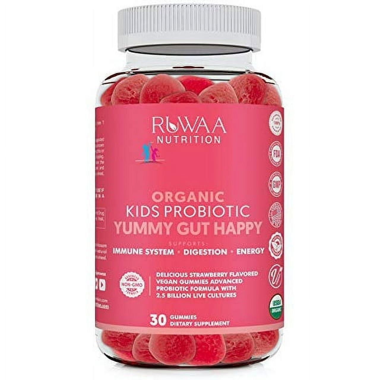 Ruwaa Nutrition Organic Kids Probiotic Gummies, Strawberry Flavor, Supports Digestion & Immunity, 30 Count