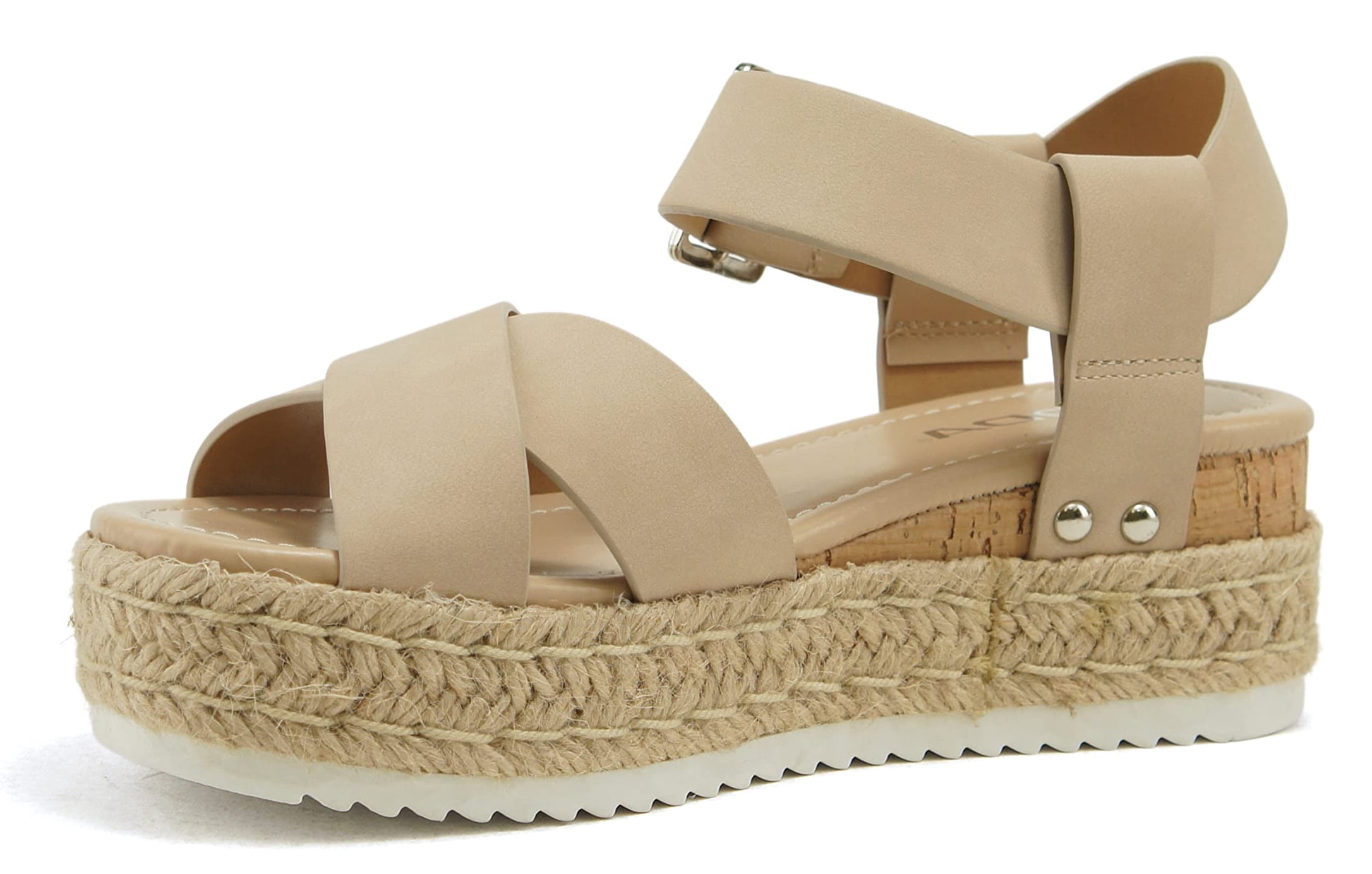 SODA WOMEN WEDGE SANDALS OPEN TOE ANKLE STRAP FLATFORM ESPADRILLES TRIM  PLATFORM FORTUNA-S Light Blond Beige 10 - Walmart.com
