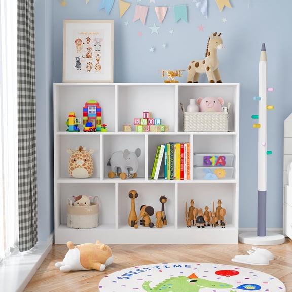 ECACAD Bookcase, Wood Bookshelf with 3 Tier Open Shelves, 10-Cube Storage Organizer Display Shelf for Living Room, Home Office, White (47.2”L x 9.4”W x 40.9”H)