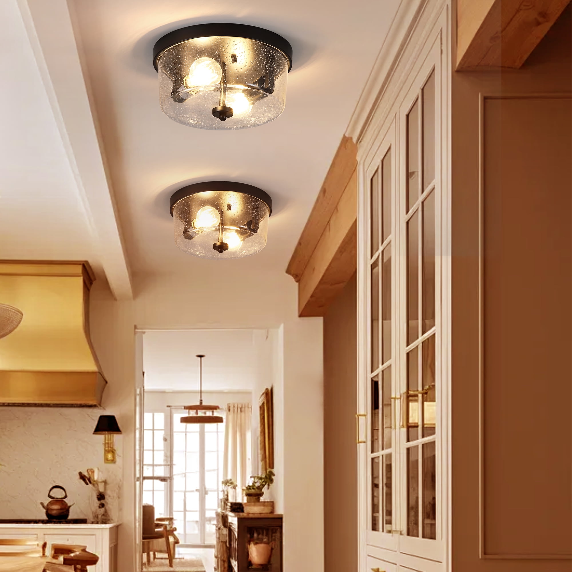 GCGAFUL Modern Black Flush Mount Ceiling Light, Farmhouse Iron Light Fixture with Seeded Glass, for Hallway Kitchen Bedroom