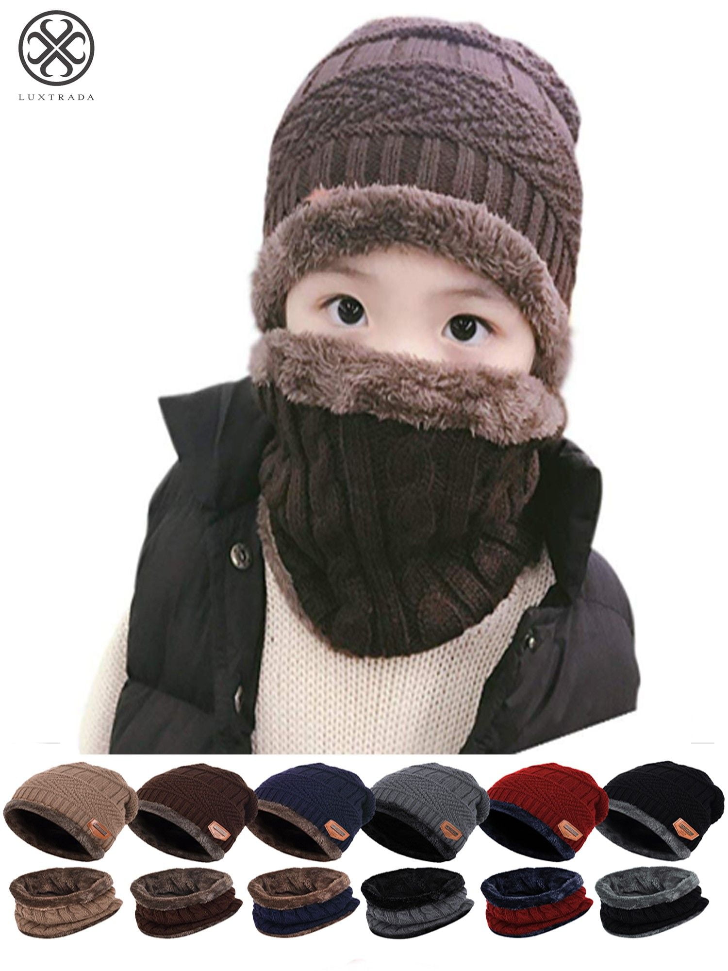 5-14 Years Winter Beanie Scarf for Boys Girls Hats Circle Scarf Kids Slouchy Skull Cap